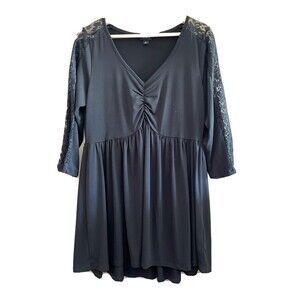 Torrid Babydoll Super Soft V Neck Lace Sleeve Tunic Top Black Size 0 Large